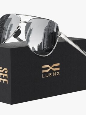 LUENX Silver Aviator Sunglasses with Grey Mirror Lenses